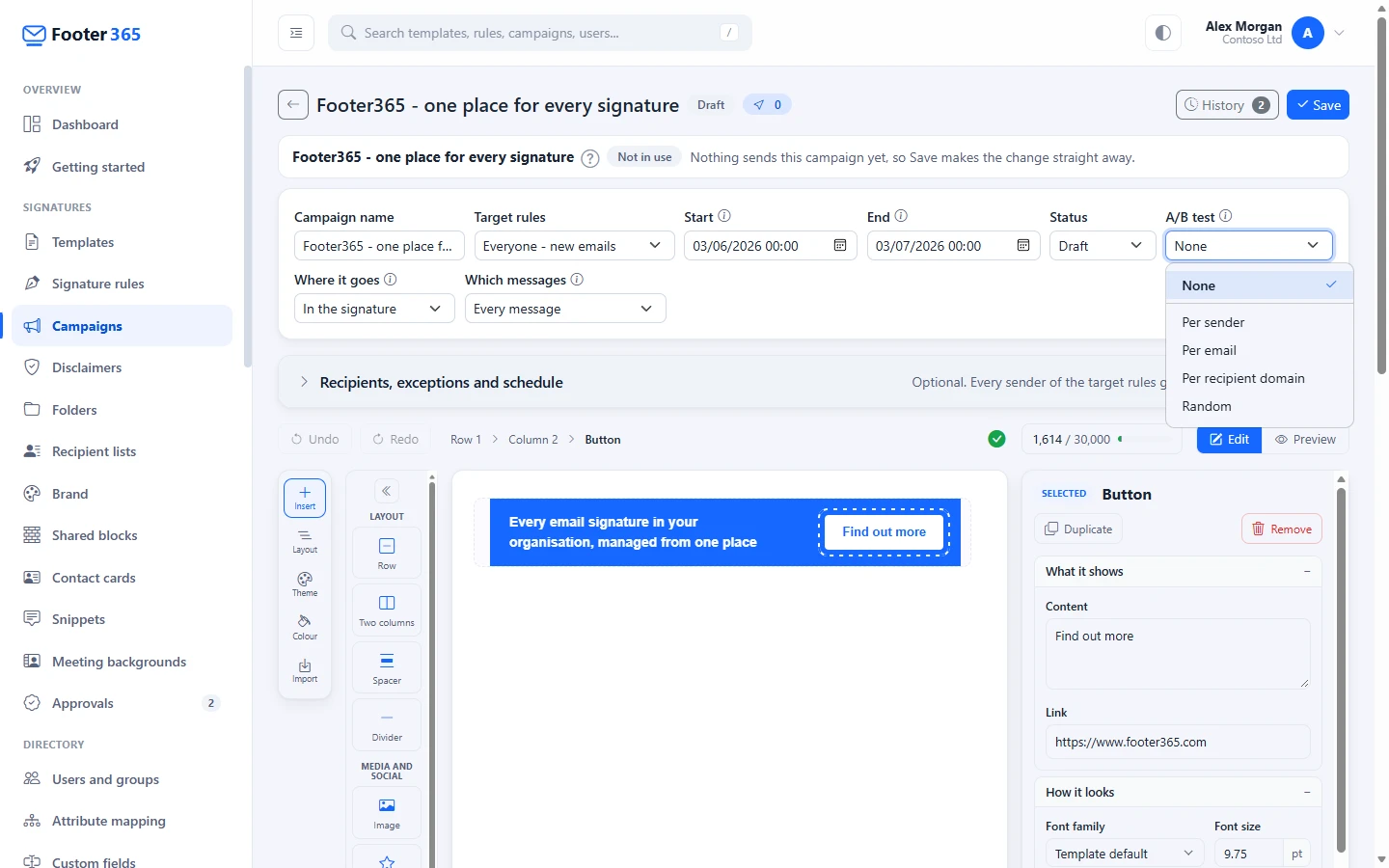 The campaign's A/B test list opened beside Status, offering None and the four ways to split the banners
