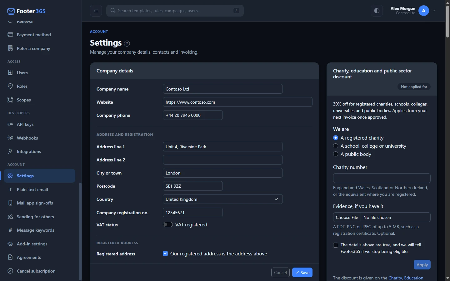 The Account Settings page with company, address and registration details