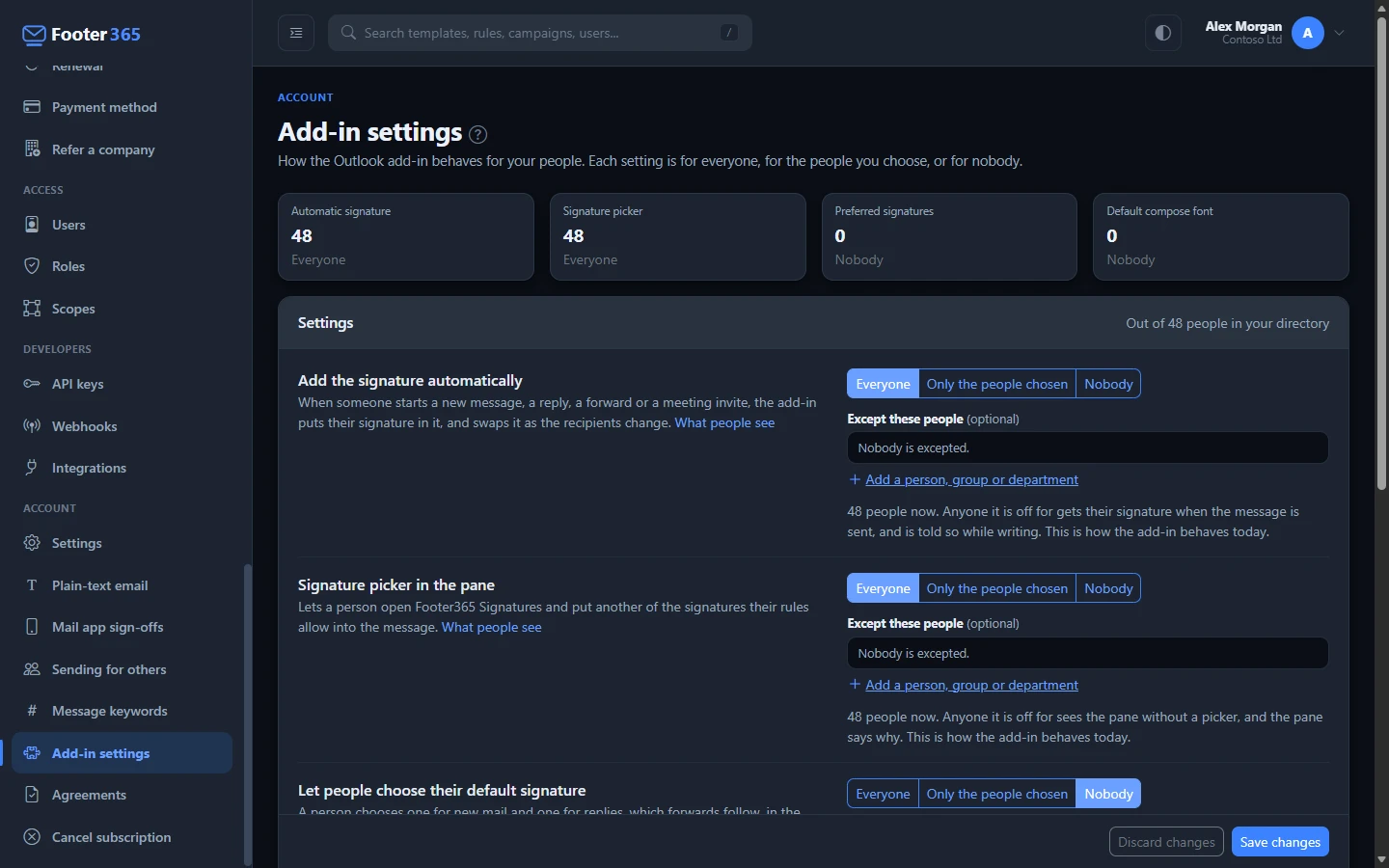 The Add-in settings page, with Add the signature automatically, Signature picker in the pane, Let people choose their default signature and Default compose font, each set to Everyone, Only the people chosen or Nobody