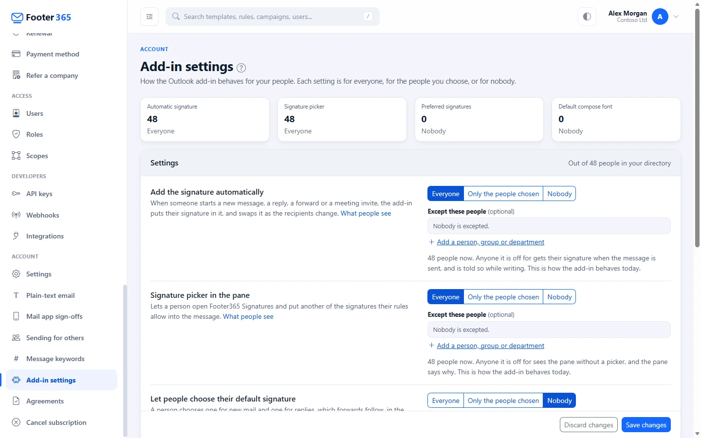 The Add-in settings page, with Add the signature automatically, Signature picker in the pane, Let people choose their default signature and Default compose font, each set to Everyone, Only the people chosen or Nobody