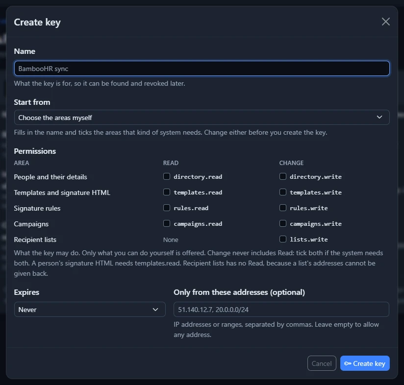 The Create key window with the key's name, what it may do for each area, when it expires and the addresses it may be used from