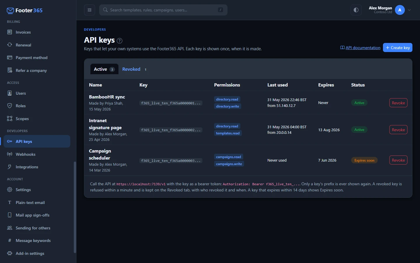 The API keys page listing three keys with their prefixes, permissions, when each was last used, when it expires and its status