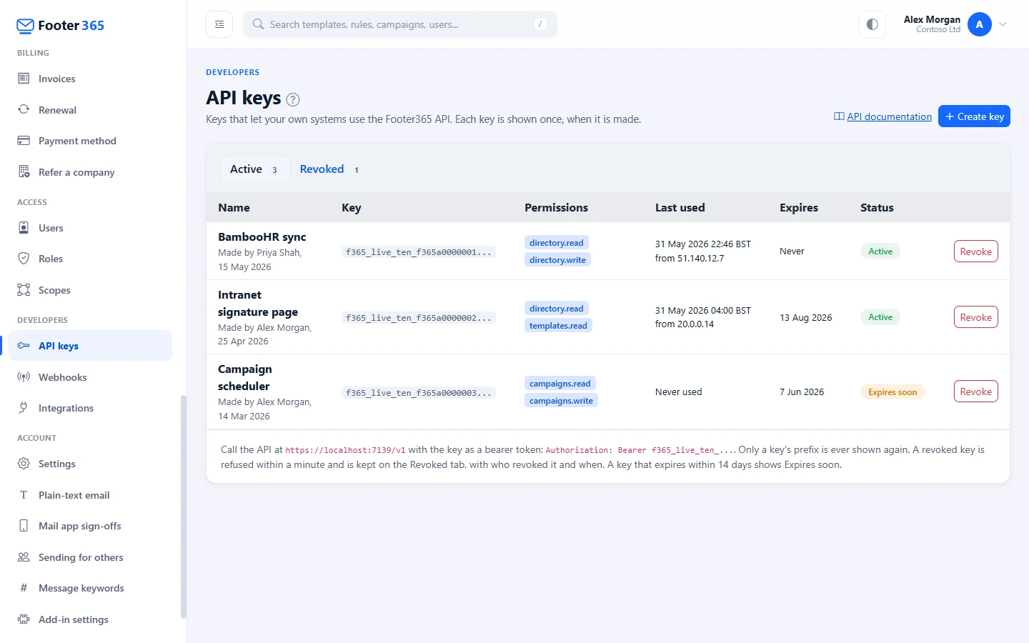 The API keys page listing three keys with their prefixes, permissions, when each was last used, when it expires and its status