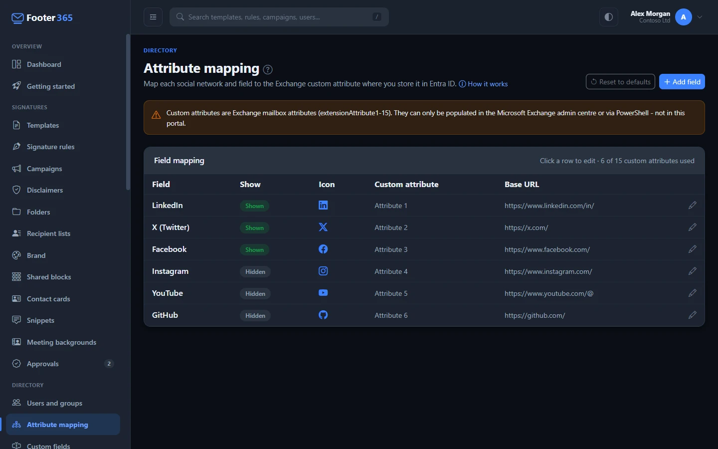 The Attribute mapping page listing each field and the custom attribute it reads