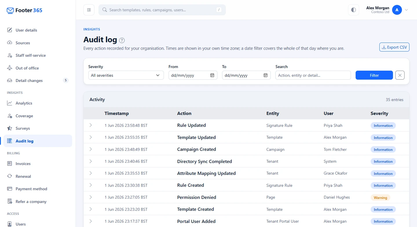 The Audit log with its filters and a list of recorded actions