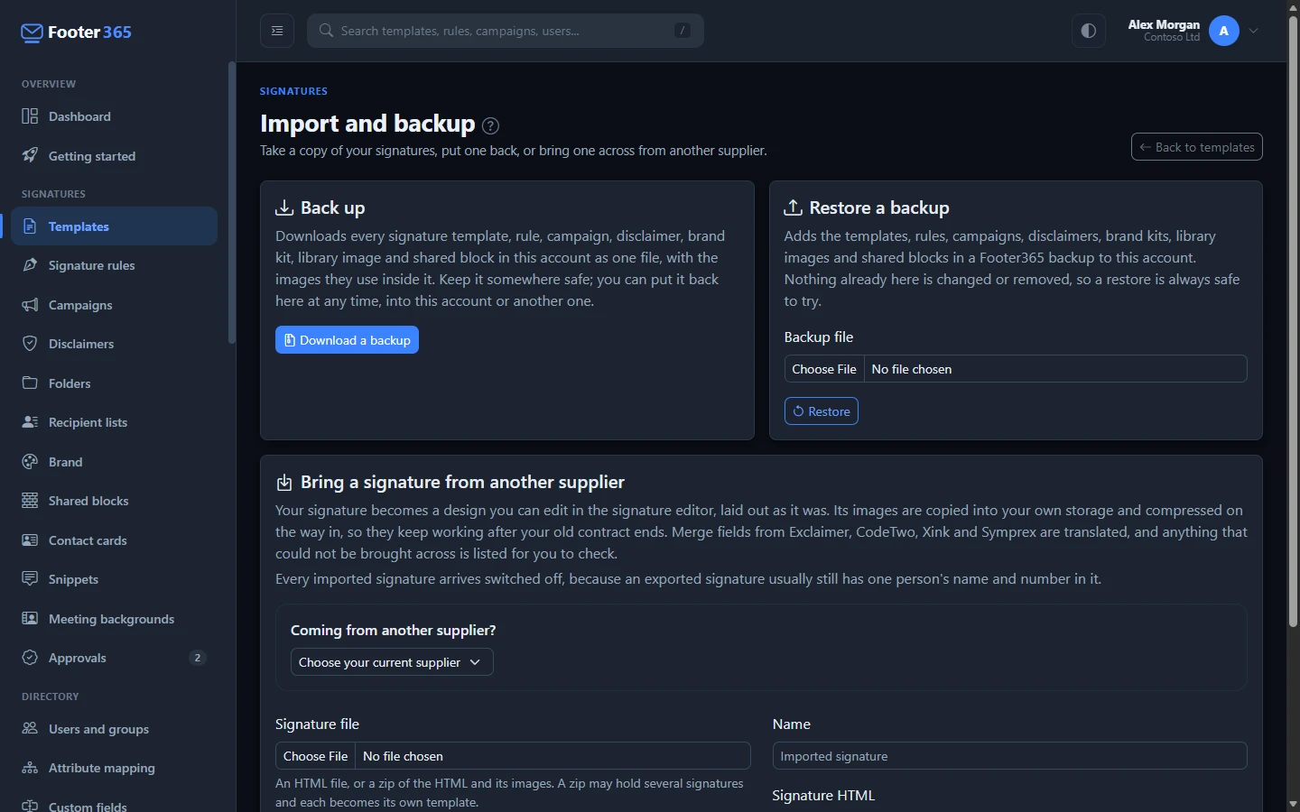 The Import and backup page with the Back up and Restore a backup cards