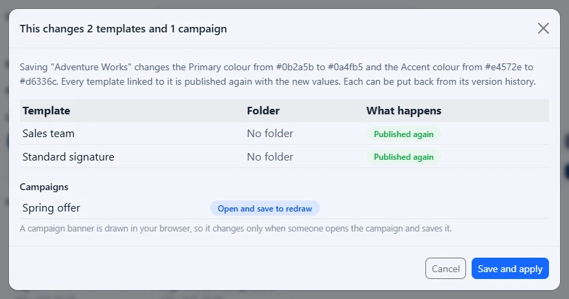 The window Save and apply opens, naming the colours that change and listing two templates as Published again and a campaign as Open and save to redraw