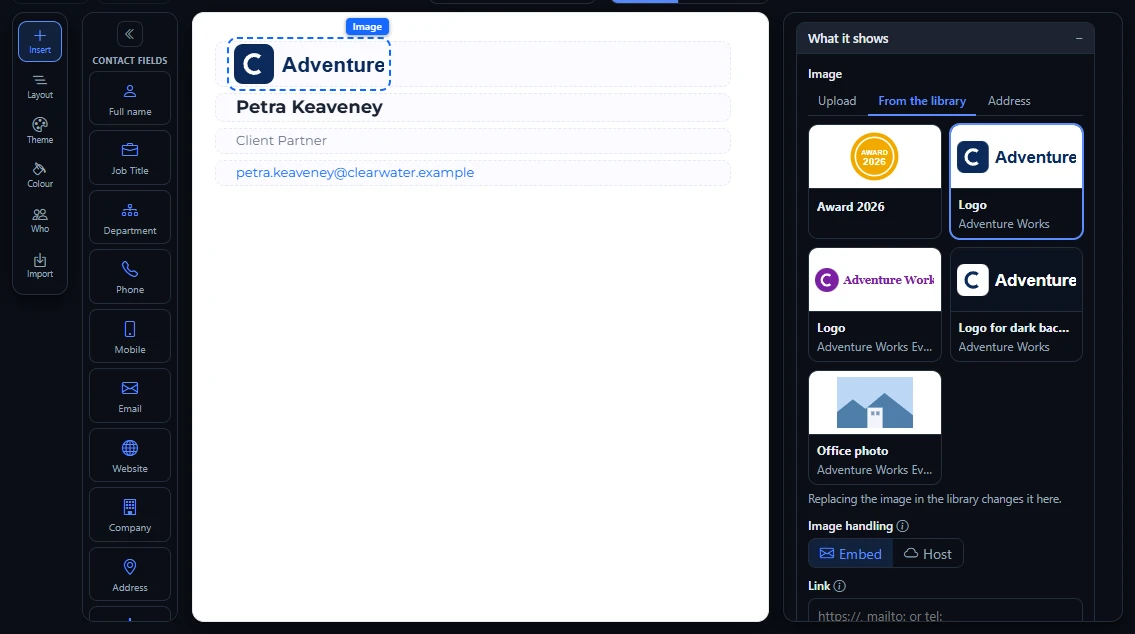 The signature editor with an Image element selected and its Image settings on the From the library tab, showing the library's images as tiles with the one in use marked