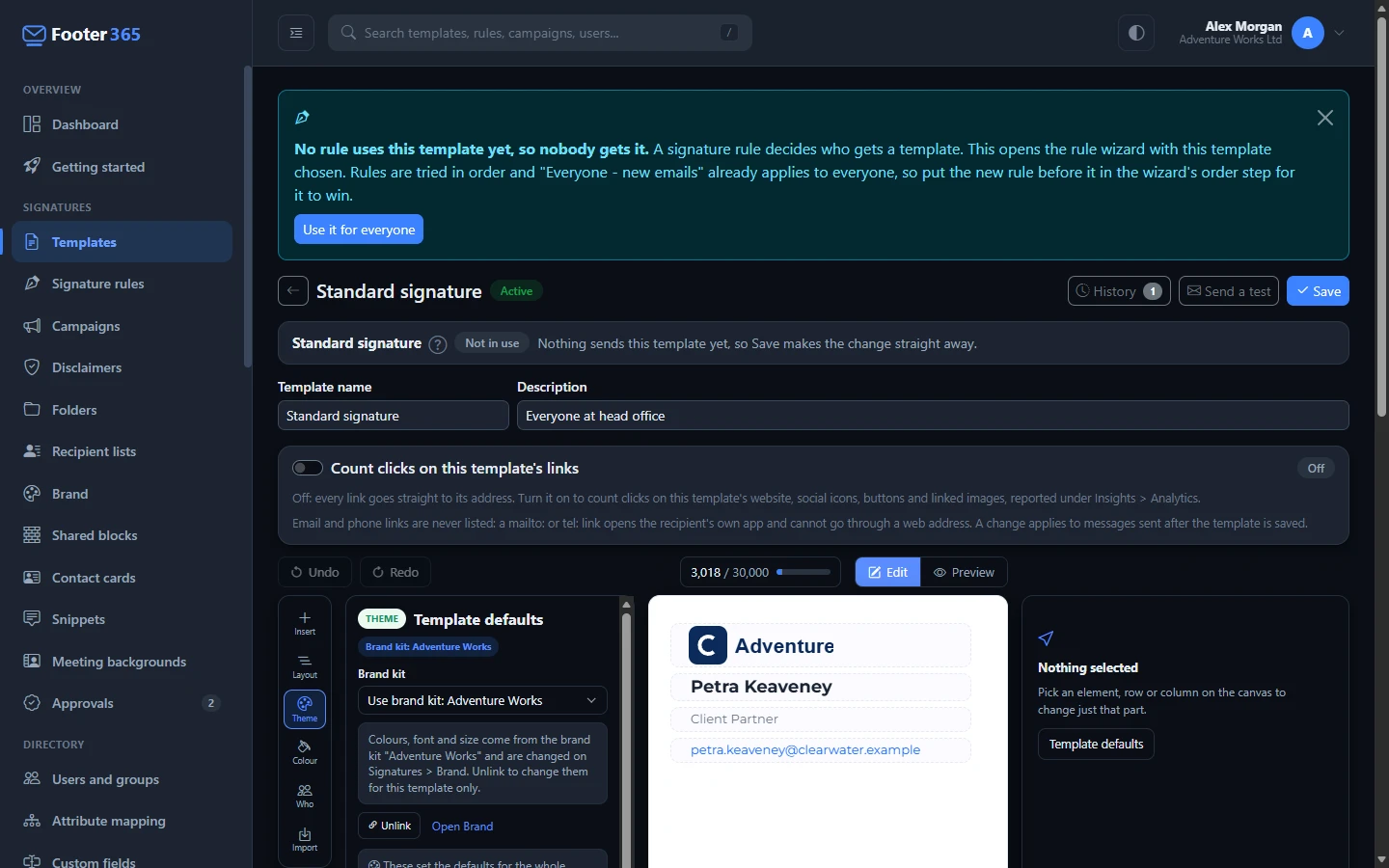 The signature editor with the Theme panel open for a template that follows a brand kit, showing the Brand kit list, its note with Unlink and Open Brand, and the padlocks beside the fonts and colours the kit sets