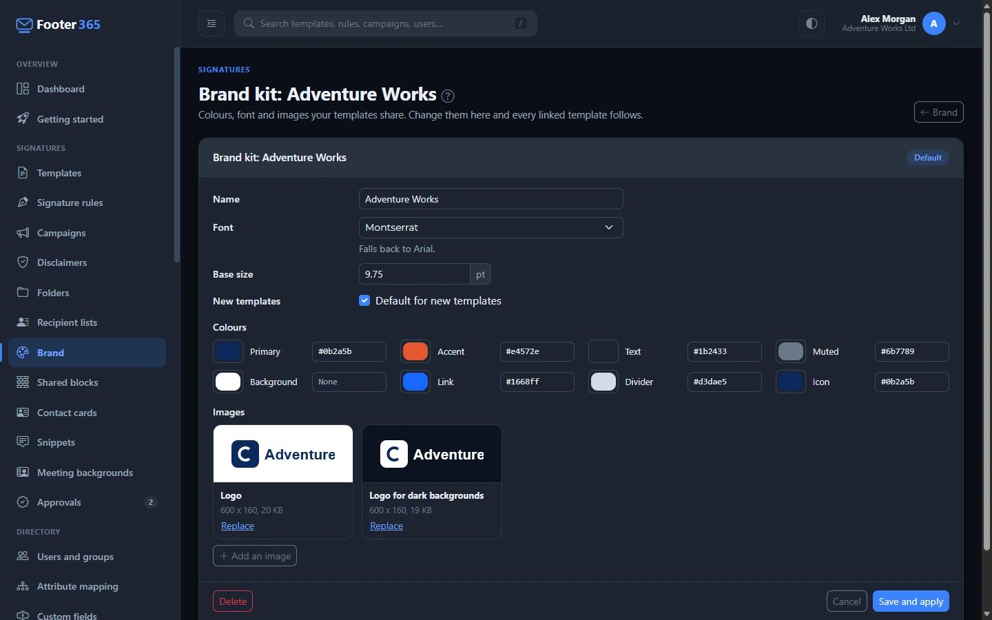 A brand kit's page with its name, font, base size, eight colours and its logos for light and dark backgrounds