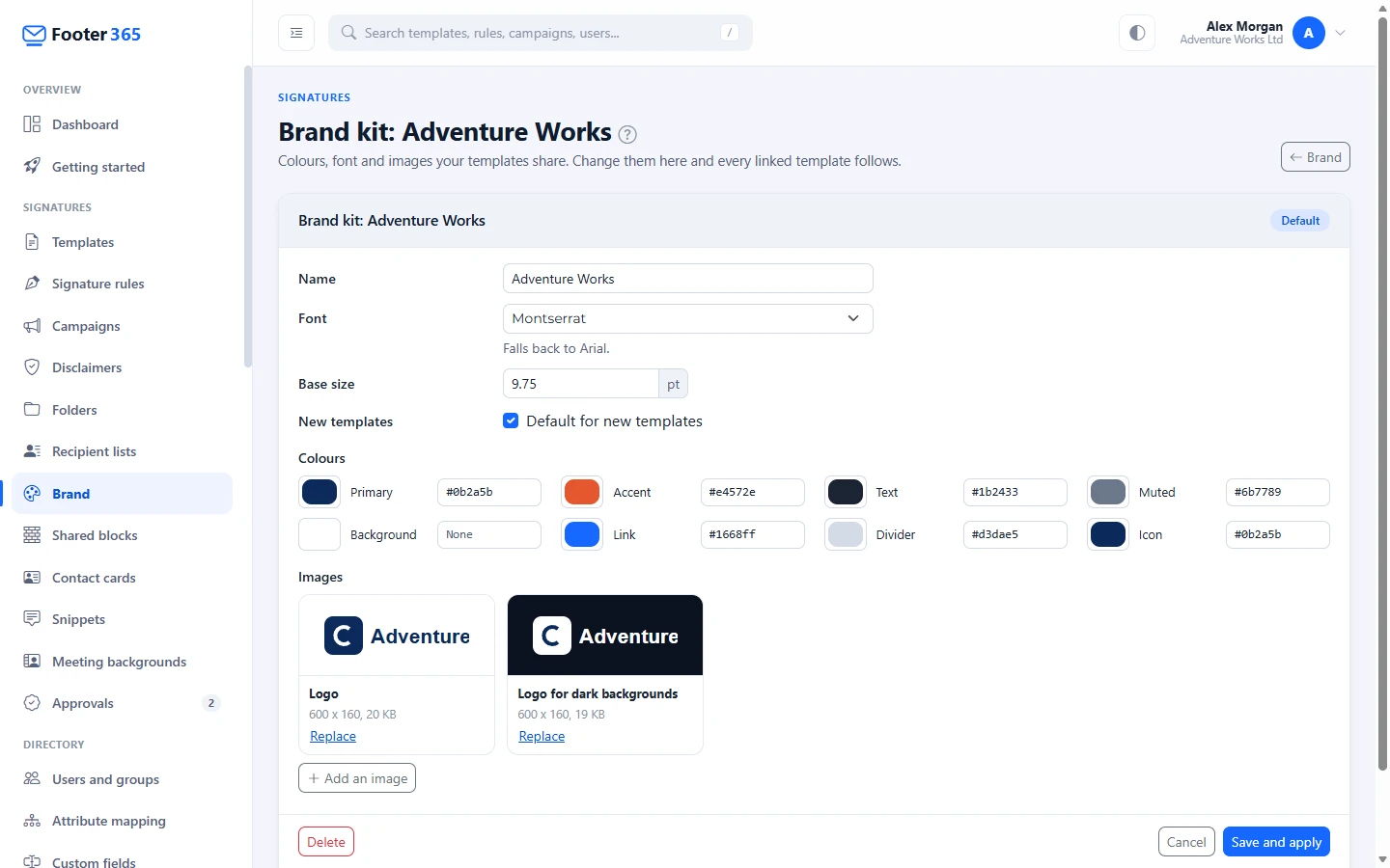 A brand kit's page with its name, font, base size, eight colours and its logos for light and dark backgrounds