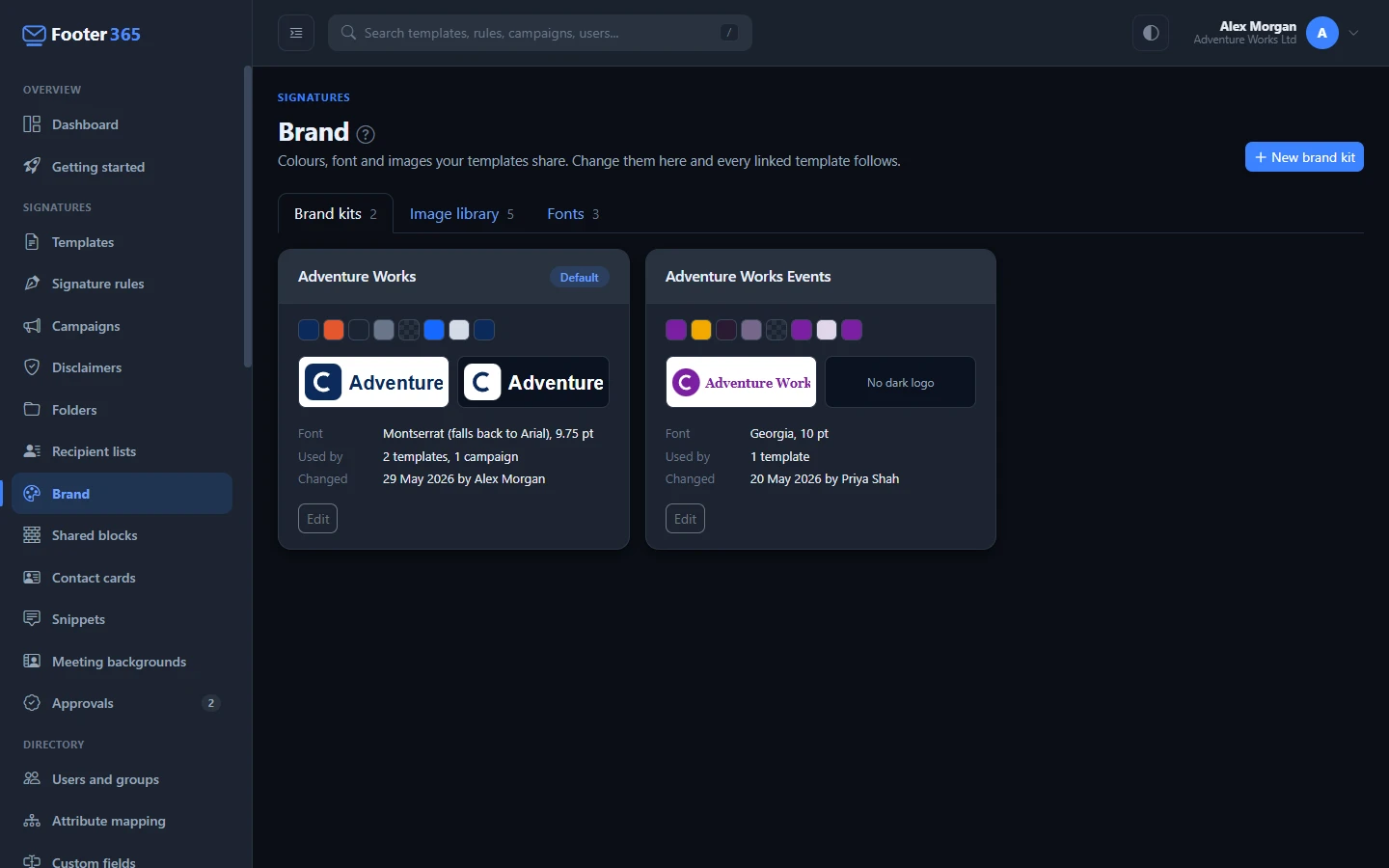 The Brand page on the Brand kits tab, with two kits, each showing its eight colours, its logos for light and dark backgrounds, its font and the templates and campaigns that use it