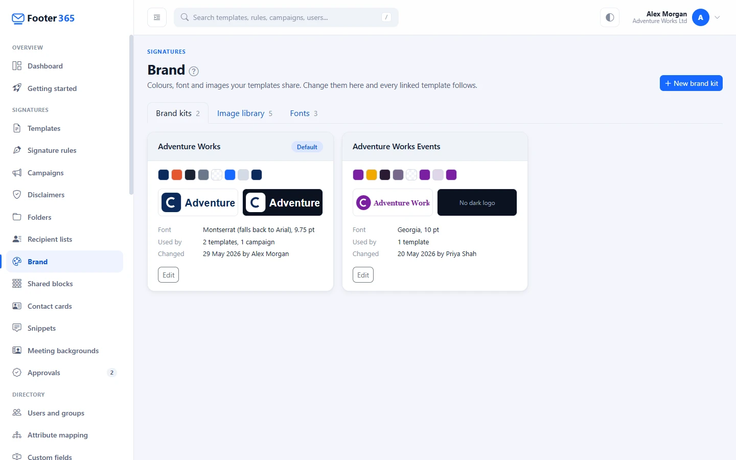 The Brand page on the Brand kits tab, with two kits, each showing its eight colours, its logos for light and dark backgrounds, its font and the templates and campaigns that use it