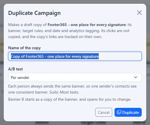 The Duplicate Campaign window with the name of the copy and the A/B test list