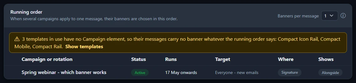 The Running order card on the Campaigns page, with the Banners per message list and the campaigns in order
