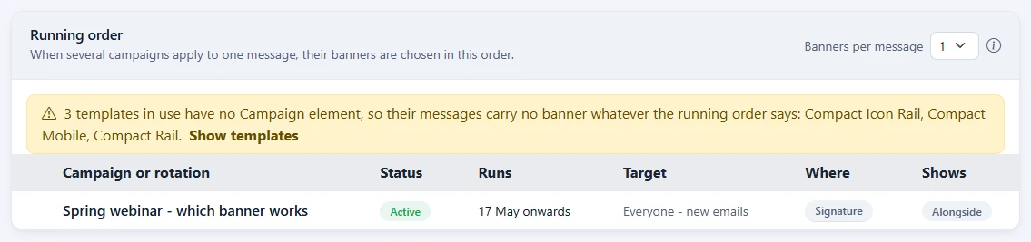 The Running order card on the Campaigns page, with the Banners per message list and the campaigns in order