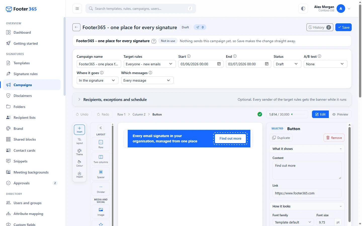 The campaign editor with the name, target rules, start, end, status and A/B test fields in one row above the canvas