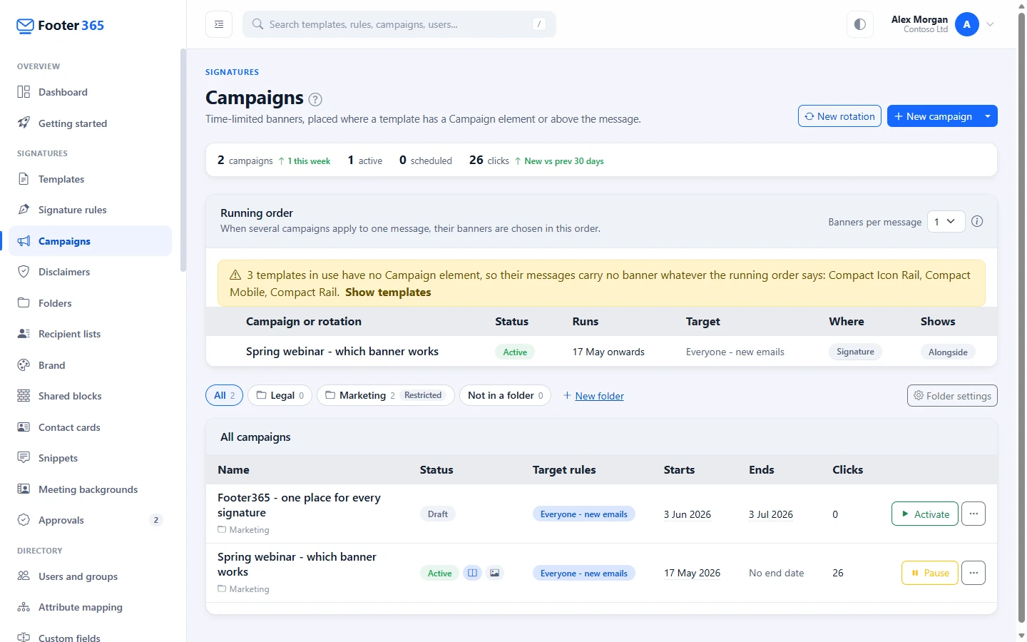 The Campaigns page with the New campaign button and the list of campaigns