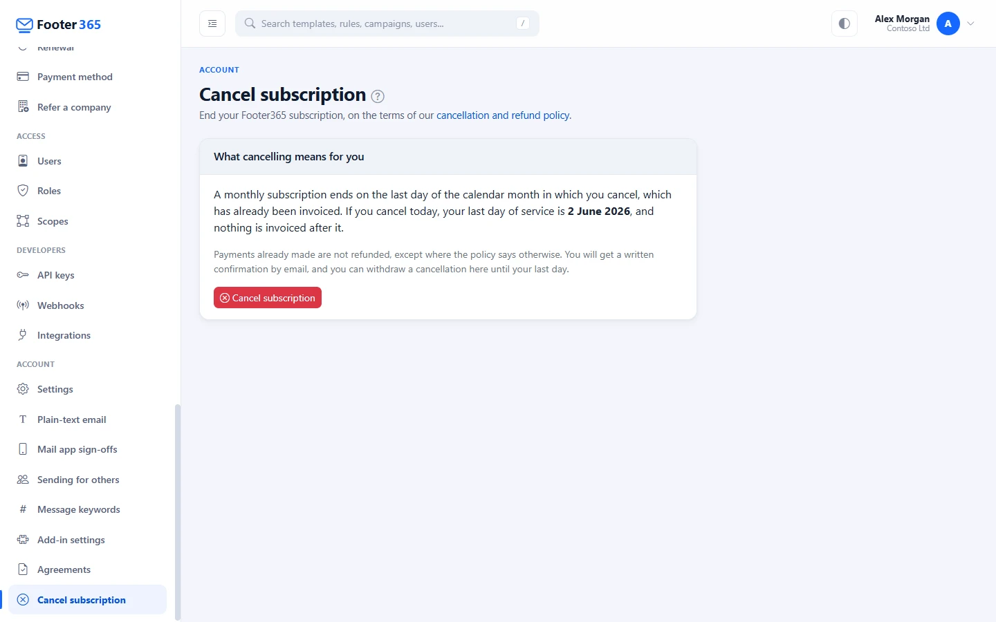 The Cancel subscription page for a customer billed through a reseller, with the reseller's contact details