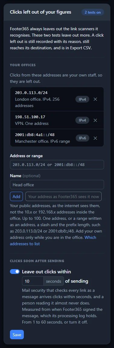 The Clicks left out of your figures card on Account Settings, with the office list and the timing test