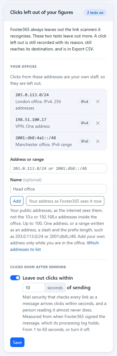 The Clicks left out of your figures card on Account Settings, with the office list and the timing test