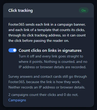 The Click tracking card on Account Settings, with the Count clicks on links in signatures switch