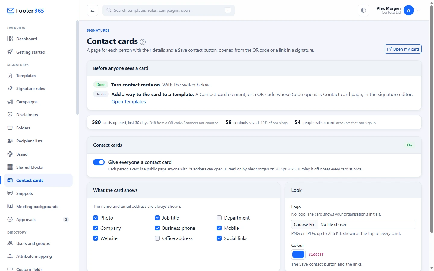 The Contact cards page switched on, with the openings and saves of the last 30 days, what the card shows and its logo and colour