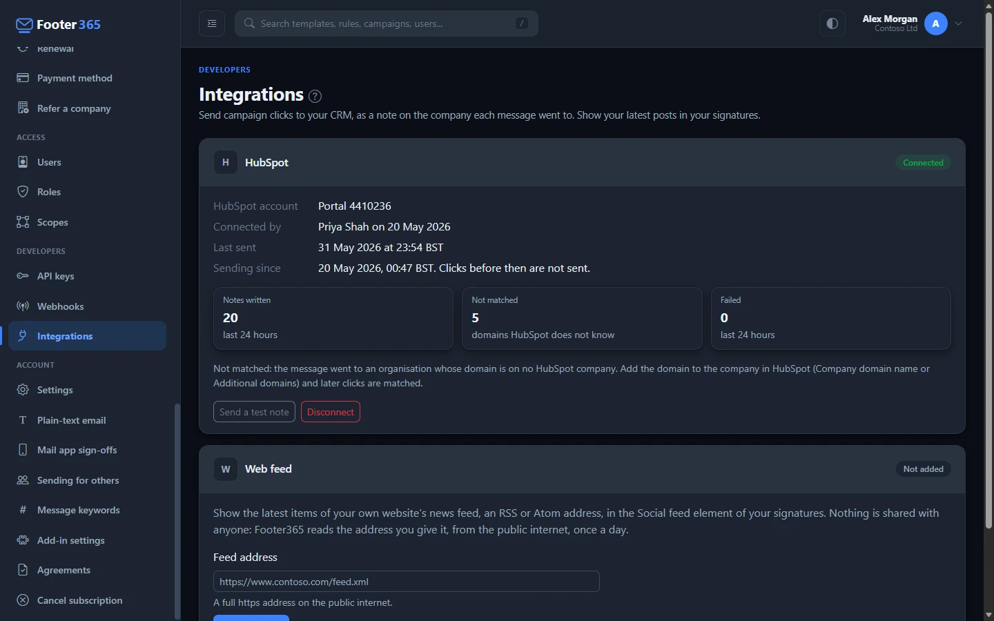 The Integrations page with HubSpot connected, showing the HubSpot account, who connected it and when, when a note was last written, since when clicks are sent, the notes written, domains not matched and notes failed in the last 24 hours, and the Send a test note and Disconnect buttons