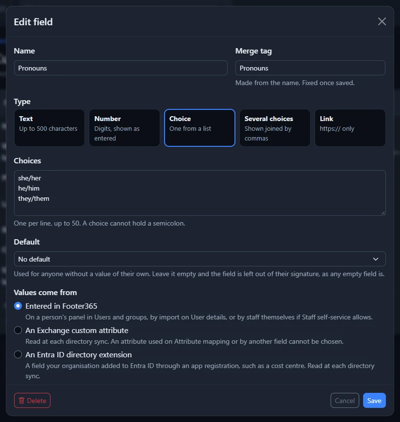 The Edit field window for a Choice field, with its name, merge tag, type, choices, default and where its values come from
