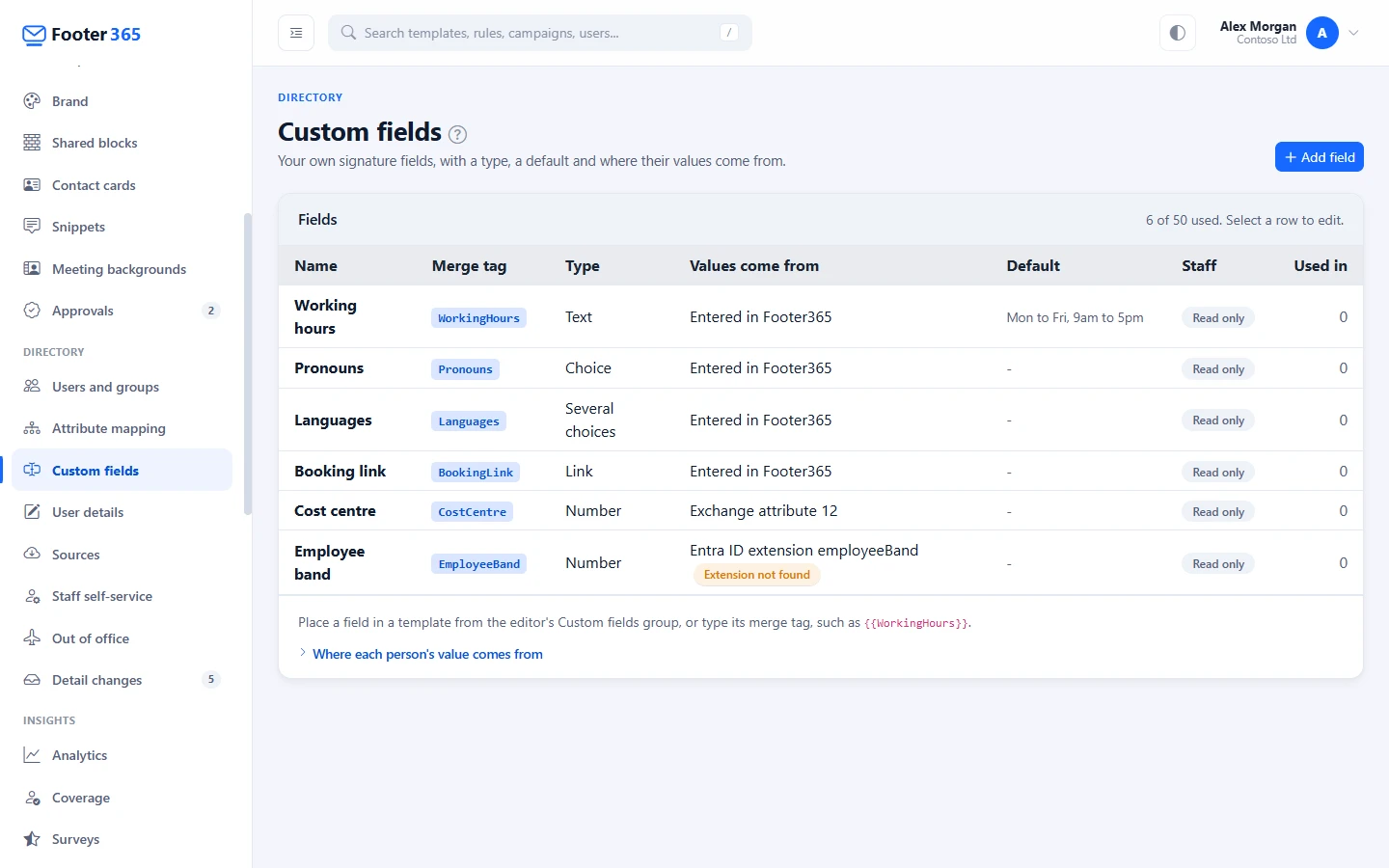 The Custom fields page listing each field with its merge tag, type, where its values come from, its default, its staff policy and where it is used