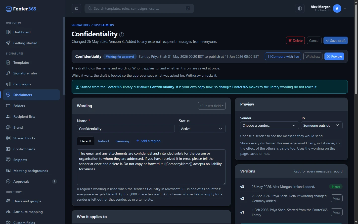 A disclaimer's page with its Wording card and regional tabs, the Who it applies to card, the Preview and the Versions list