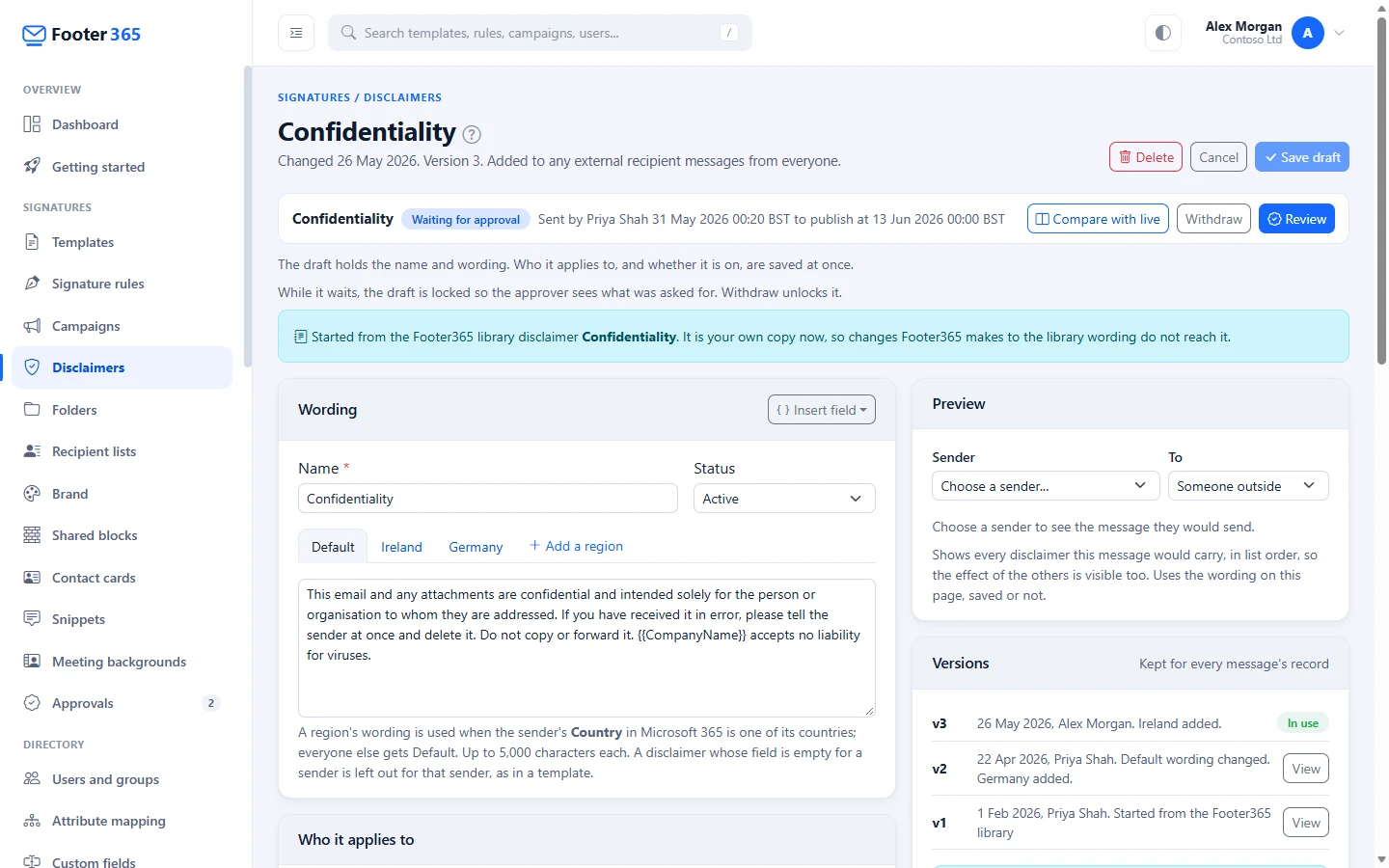 A disclaimer's page with its Wording card and regional tabs, the Who it applies to card, the Preview and the Versions list