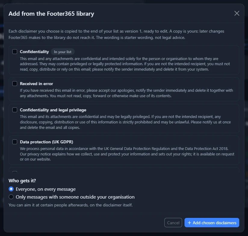 The Add from the Footer365 library window listing the ready-written disclaimers with a tick box beside each