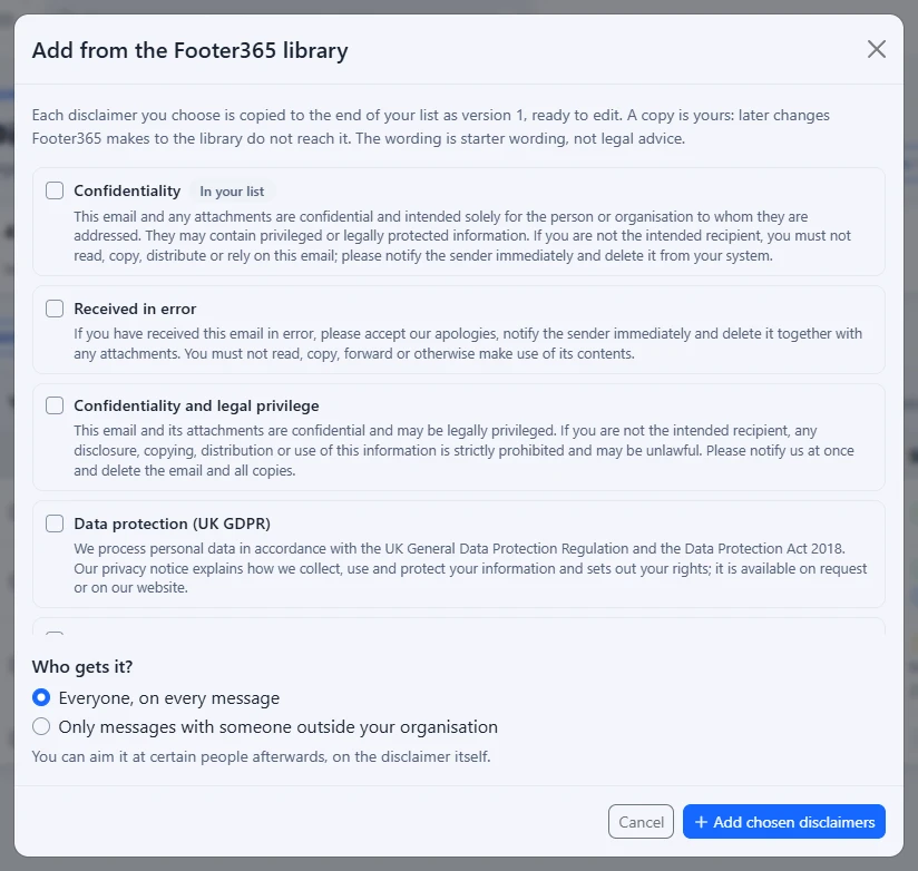The Add from the Footer365 library window listing the ready-written disclaimers with a tick box beside each
