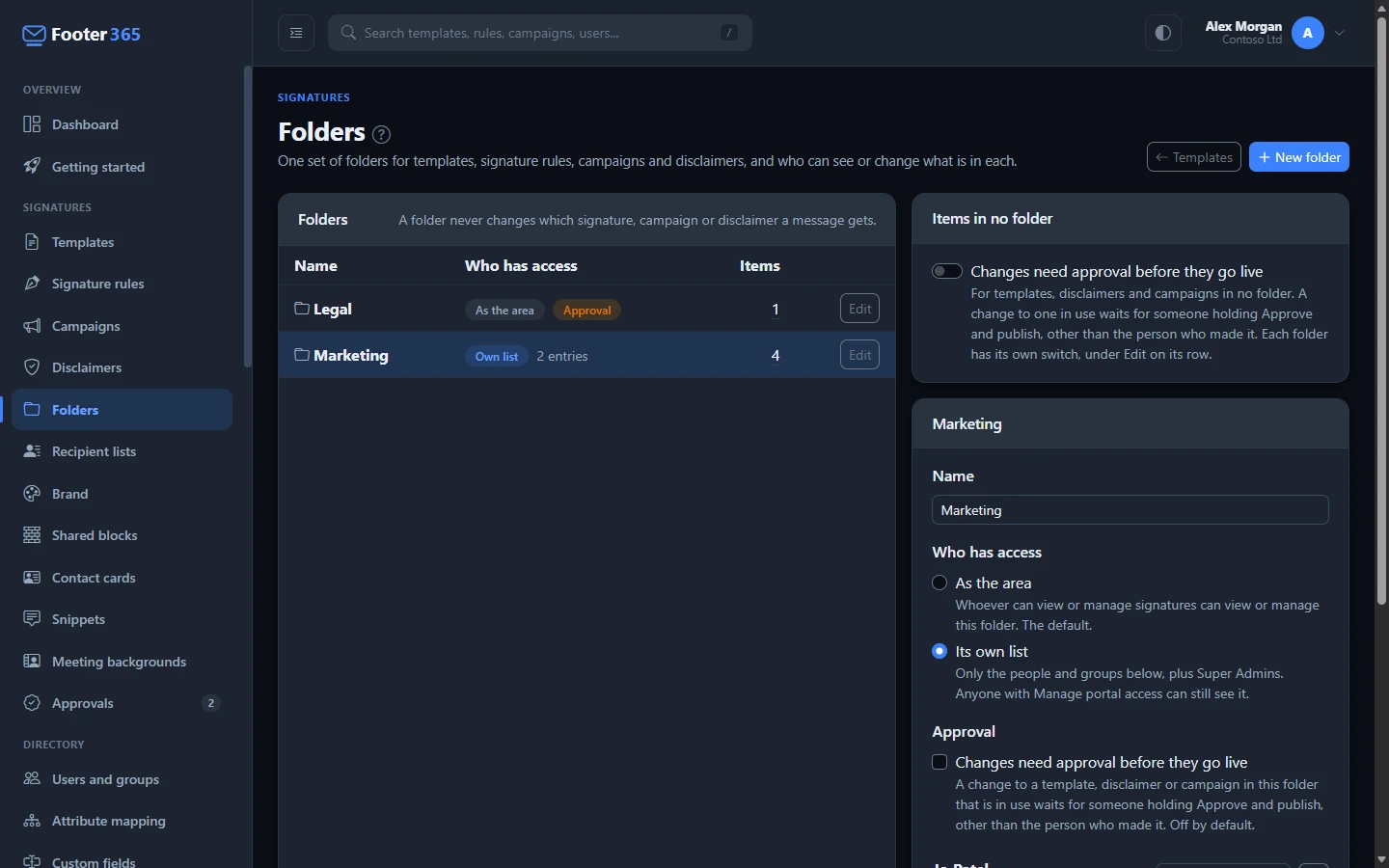 The Folders page listing the Marketing and Legal folders, with the Marketing folder open showing its own access list