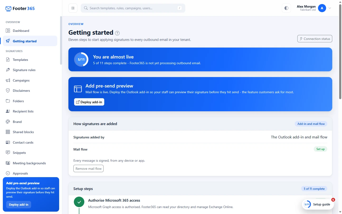 The Getting started page with its eight setup steps