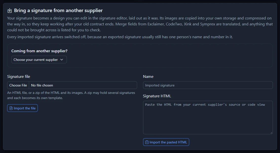The Bring a signature from another supplier card, with a file upload and a box to paste HTML