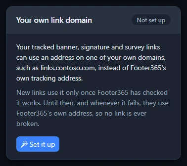 The Your own link domain card with the two ways to reach Footer365 and the Link domain box