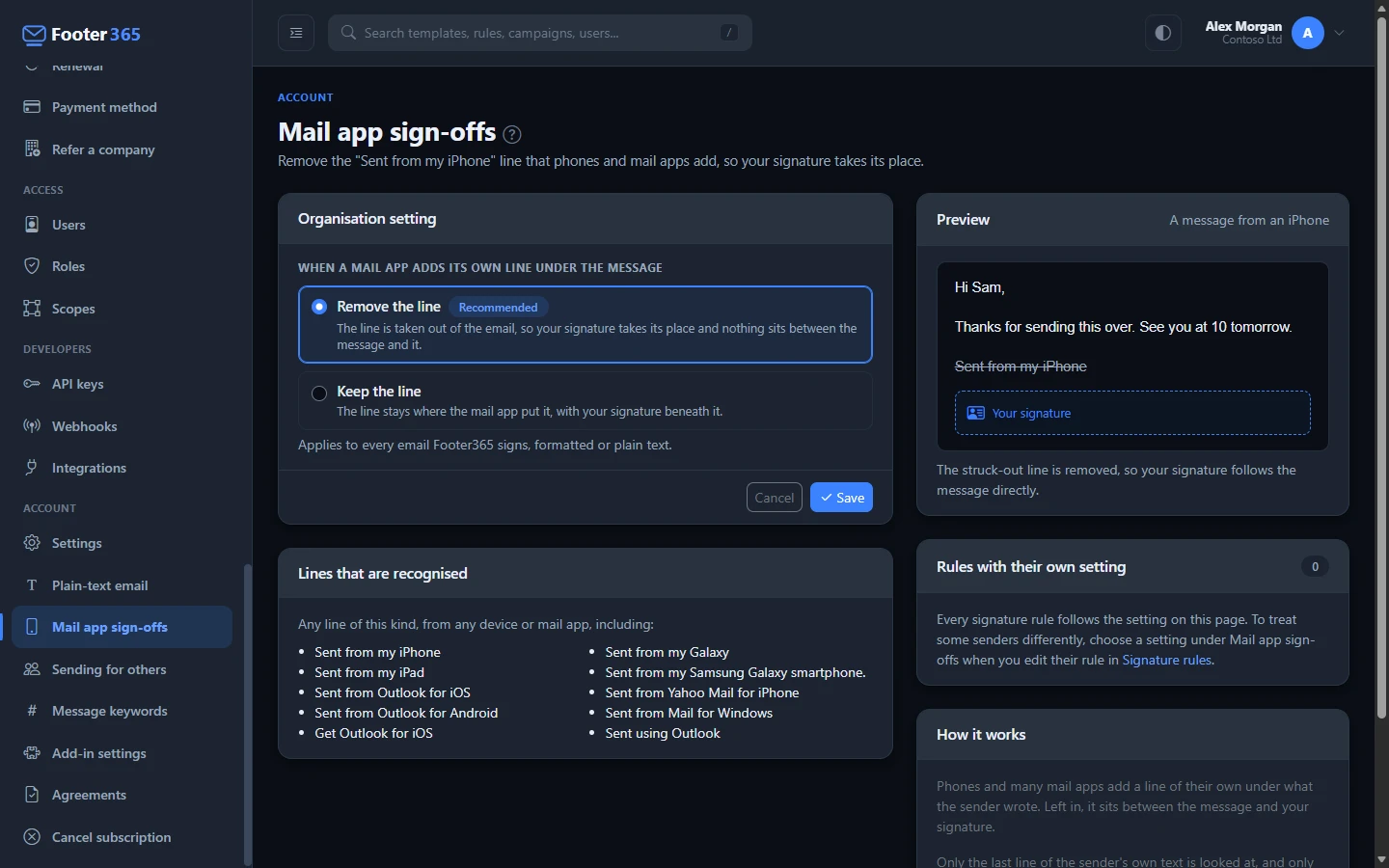 The Mail app sign-offs page