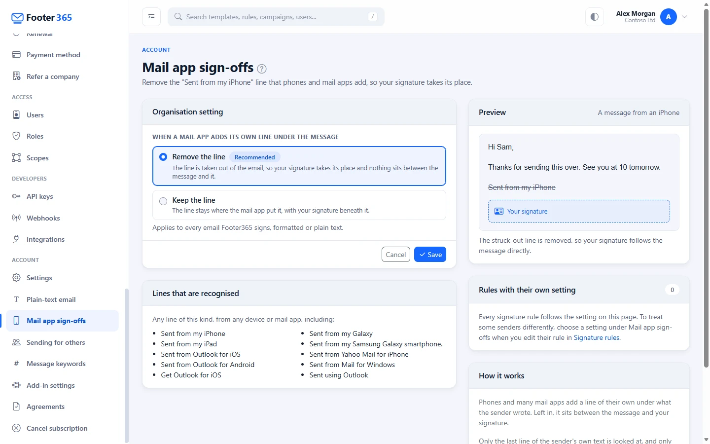 The Mail app sign-offs page