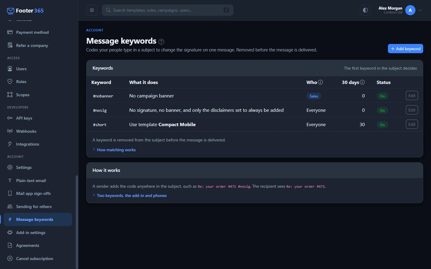The Message keywords page, listing three keywords