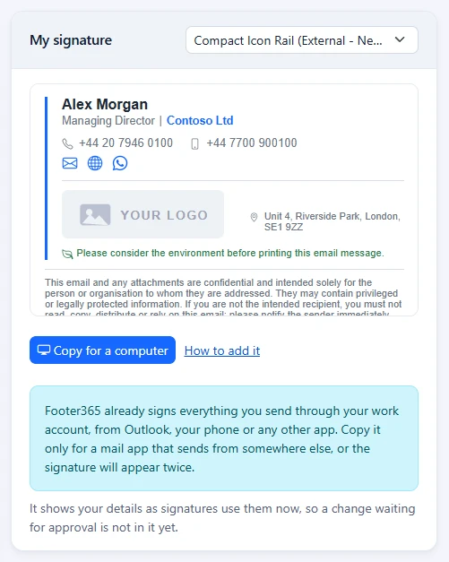 The My signature card on the My signature page, with the signature and the buttons that copy it for another mail app