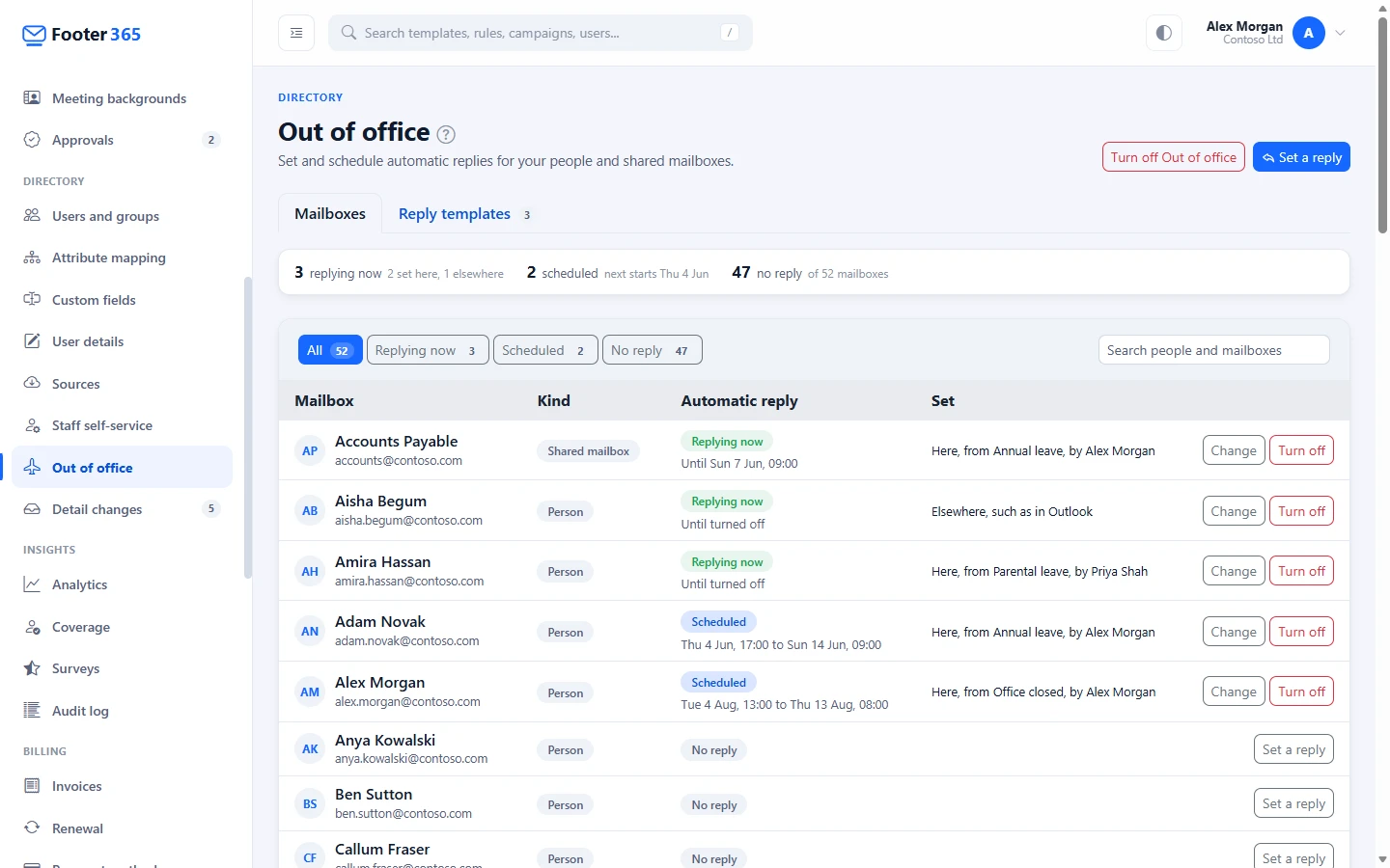 The Out of office page with its three figures, the filters and the list of mailboxes, each with its automatic reply and who set it