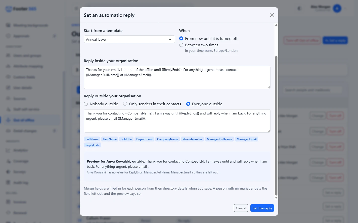 The Set an automatic reply window with a mailbox chosen, the Annual leave template, the choice of when, the two replies and the preview