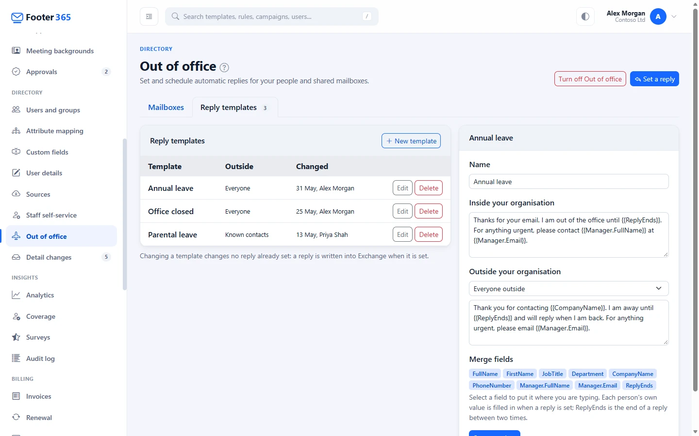 The Reply templates tab listing three templates, with the Annual leave template open beside them and the merge fields under it