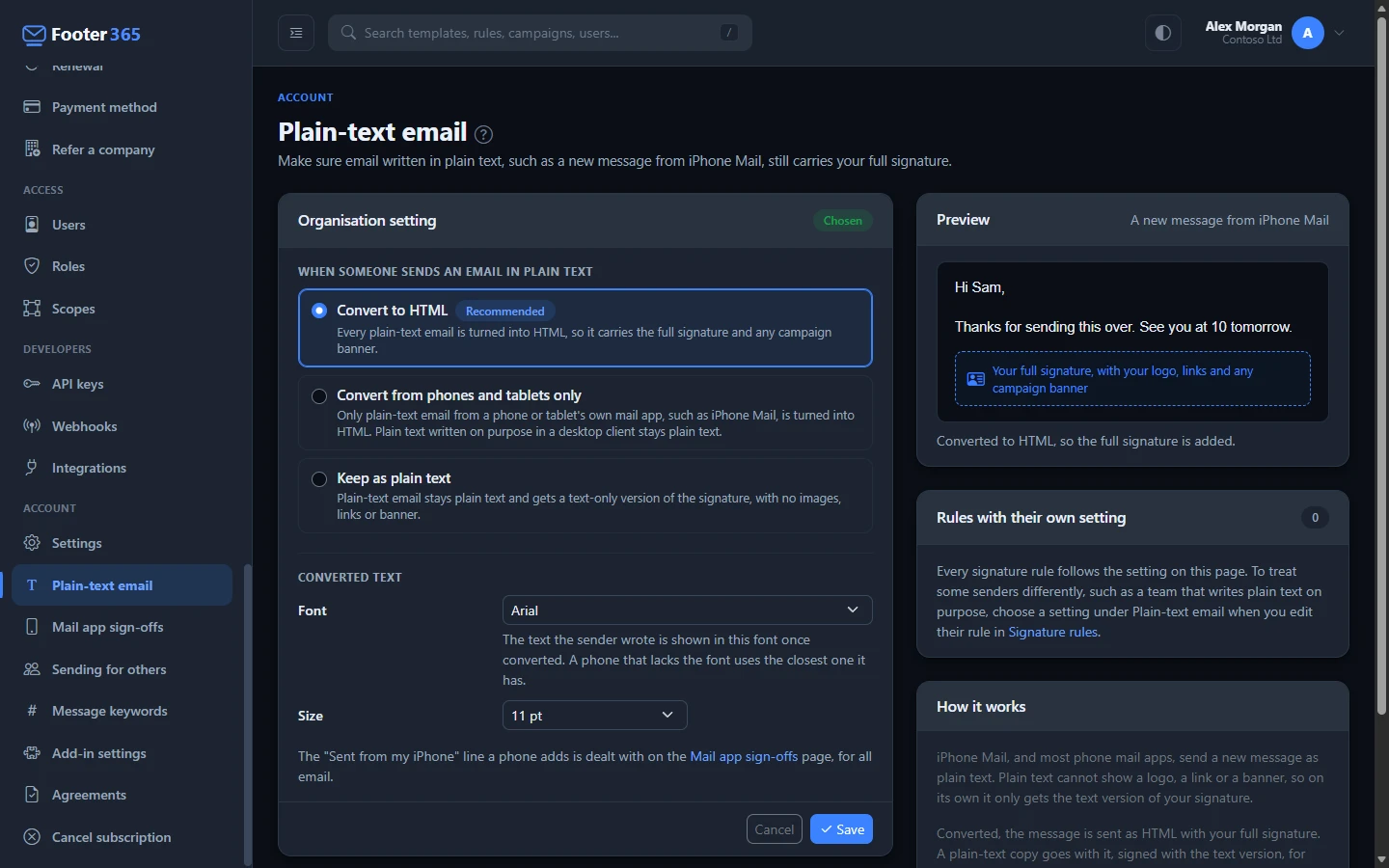 The Plain-text email page