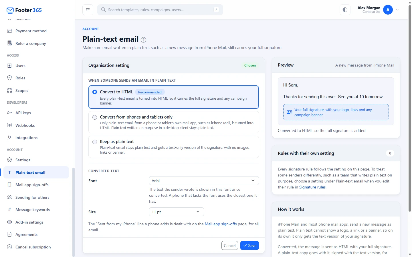 The Plain-text email page