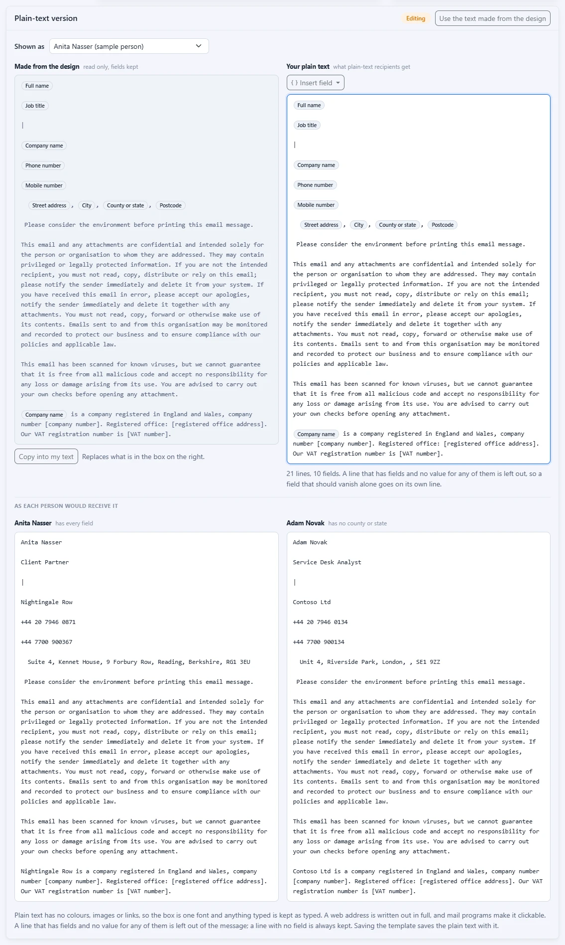 The Plain-text version card open for editing, with the text made from the design on the left, your own plain text with its merge fields on the right, and the text as the sample person would receive it below