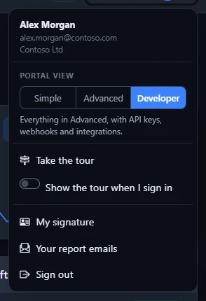 The account menu open under the person's name, with the Portal view choice of Simple, Advanced and Developer