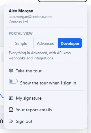 The account menu open under the person's name, with the Portal view choice of Simple, Advanced and Developer